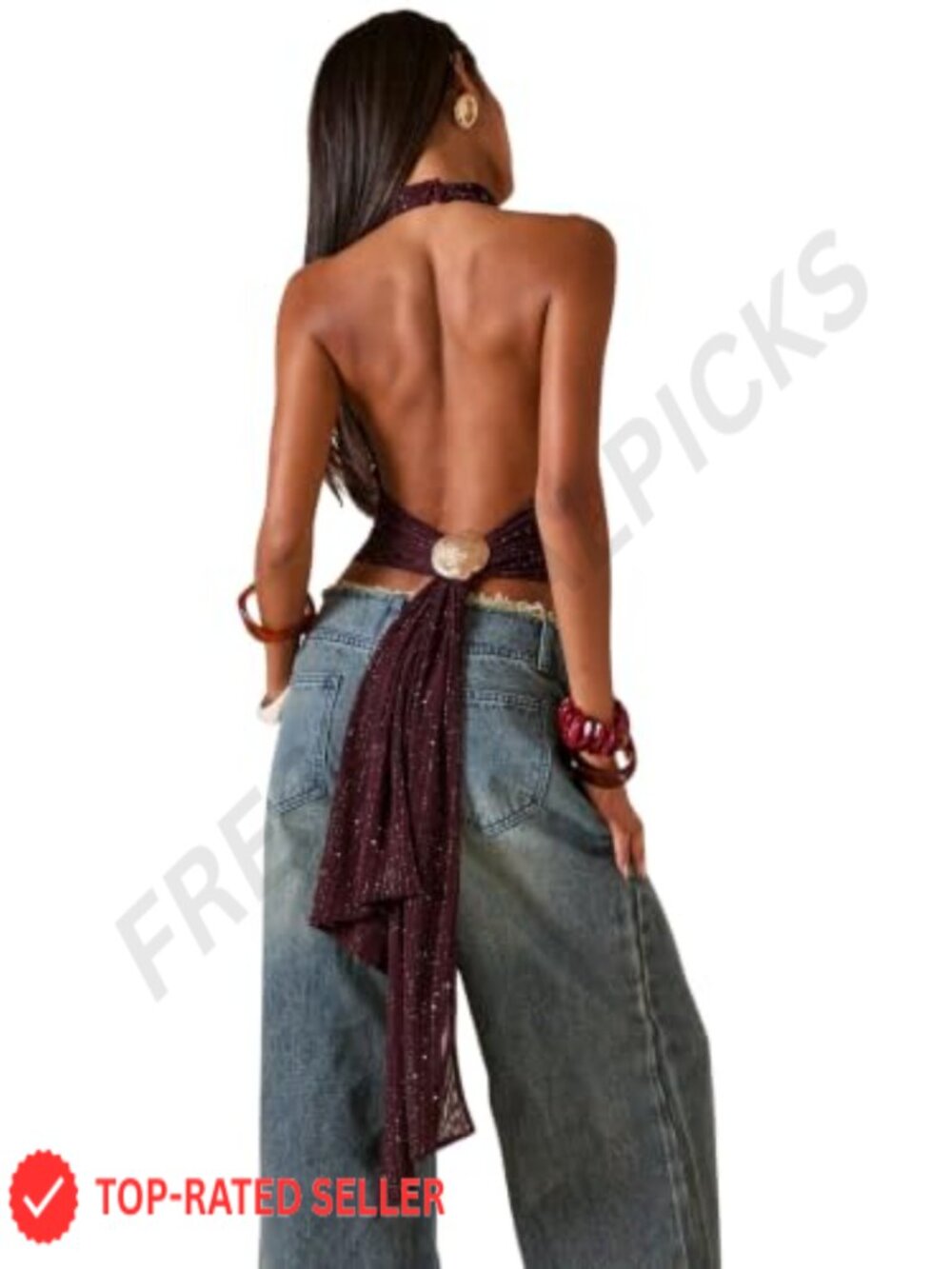 Y2K Backless Shiny Halter Top Metallic Festival Club Party Sexy Summer